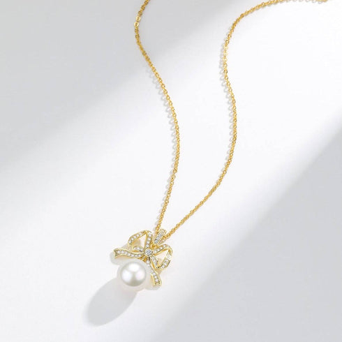 10-11mm Freshwater Pearl CZ Bowknot Pendant Necklace - House Of Pearls